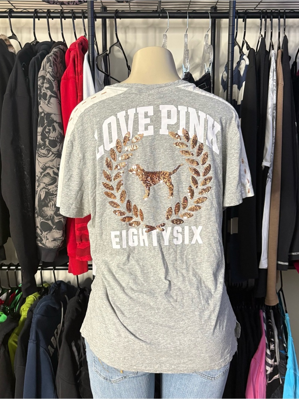 VS PINK “Love Pink Eight Six” Rose Gold Sequin T-Shirt
